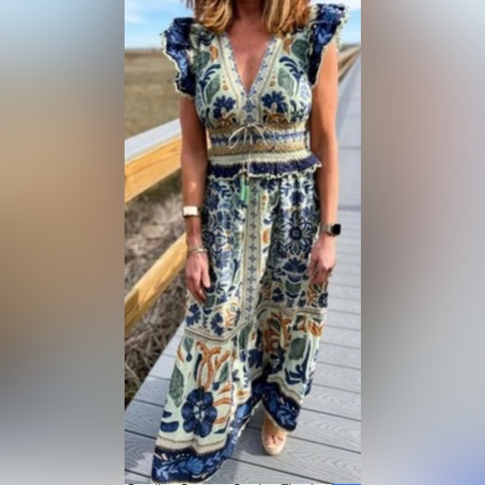 Floral V-Neck Smocked Waist Maxi Dress - Blue & Cream